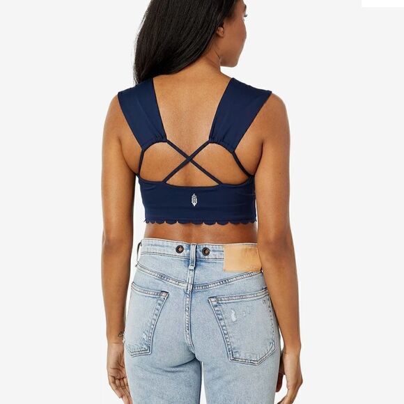 NWT Free People Suns Out Cami Blue Navy Cropped Tank Crisscross Scalloped Hem - Picture 10 of 12